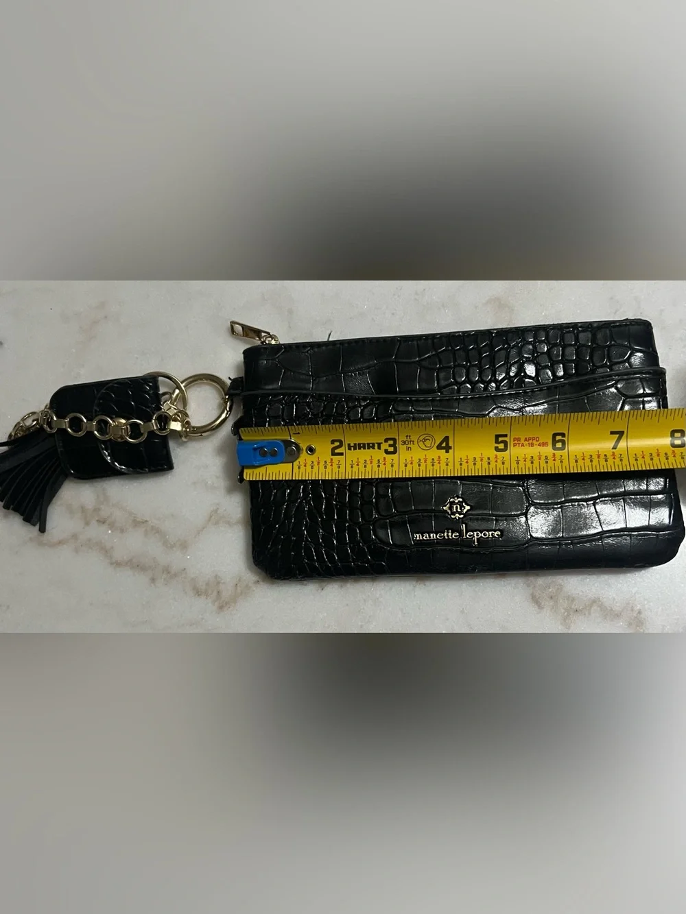 Nanette Lepore Black Patent Leather Croc Embossed Wristlet Gold Chain Accents